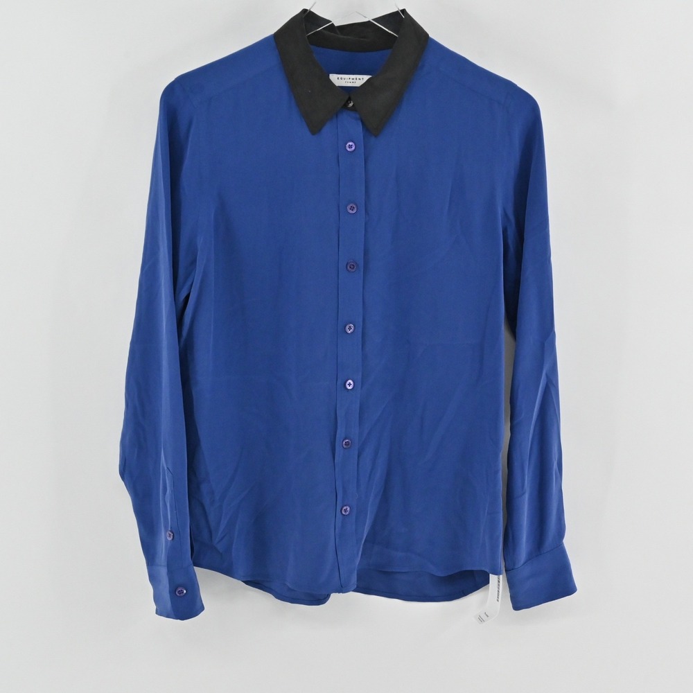 Equipment Femme Silk Contrast Collar Blouse Womens Size M Blue Black Q23-E195F